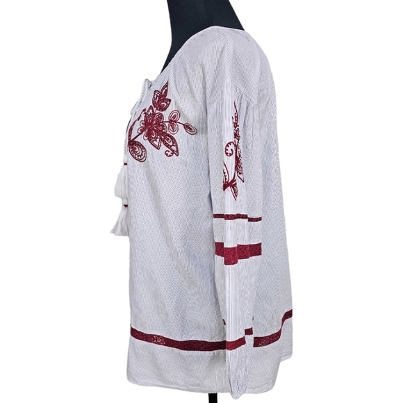 Velvet By Graham & Spencer Boho Cotton Embroidered Beaded Striped Peasant Top M - Picture 4 of 16